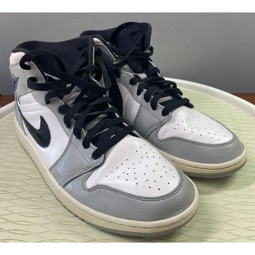 Air Jordan 1 Men's Mid Light Smoke Grey Leather High-top Sneakers Size 9‎